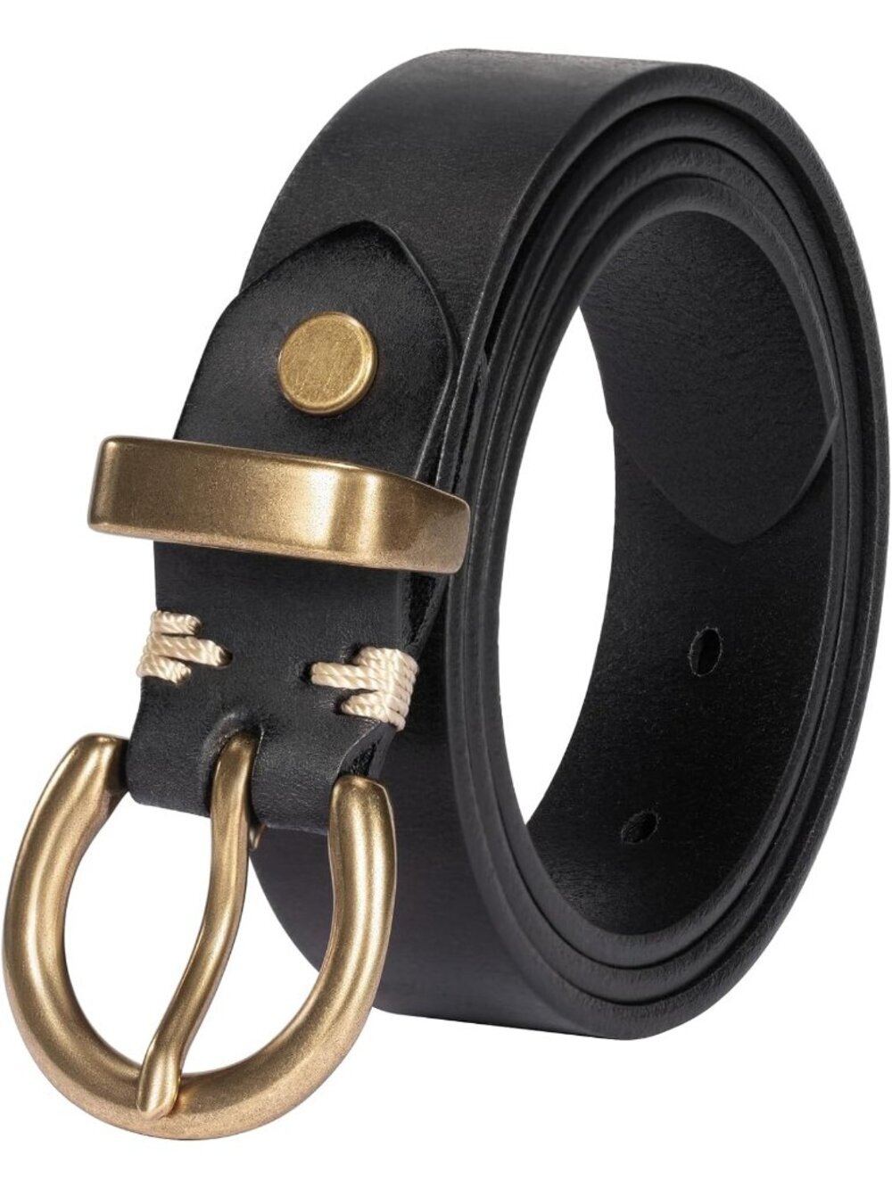 Women Black Leather Belt Genuine Leather Belt Vintage Solid Brass Circle Buckle